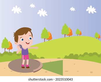 Happy cute boy doing shot put on field outdoor 2d cartoon vector illustration