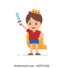 Happy cute boy dress up prince or king concept playing around being superhero, Vector illustration.