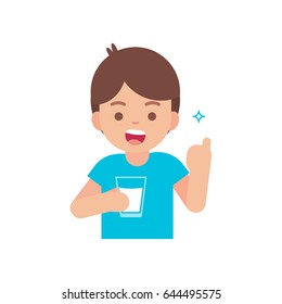 Happy cute boy drinking milk, holding glass of milk concept, vector flat illustration. 