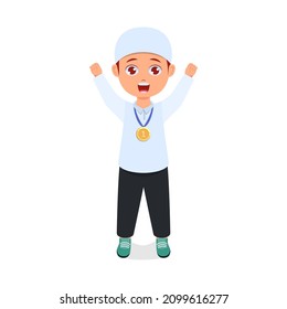 Happy cute boy gets gold medal