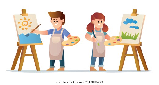 Happy Cute Boy Girl Artist Painting Stock Vector (Royalty Free ...