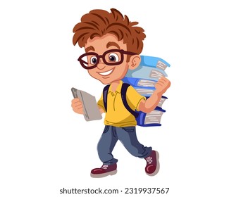 
Happy cute boy in glasses with books. Back to school! The concept of education and reading. The development of the imagination.