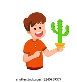happy and cute boy holding a cactus plant