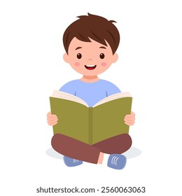 Happy cute boy is holding open book and reading. Knowledge and education concept.Vector illustration