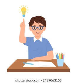 Happy cute boy with  idea lamp sign. Child finding solution, having brilliant idea, lightbulb. Creative thought, inspiration. Flat vector illustration isolated on white background