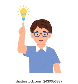 Happy cute boy with  idea lamp sign. Child finding solution, having brilliant idea, lightbulb. Creative thought, inspiration. Flat vector illustration isolated on white background