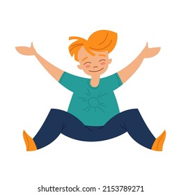 Happy cute boy with jumping around in jeans and shirt, cartoon illustration. little kid, cheerful character, school boy on white background