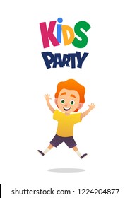 Happy cute boy jumping for joy kids party on white background isolated