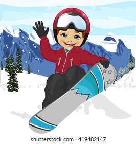 happy cute boy jumping with snowboard at ski resort