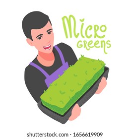 Happy cute boy with a microgreens box in his hands. Growing superfood at home for yourself. Farming vitamin food supplement. Vector cartoon flat style illustration isolated on a white background.