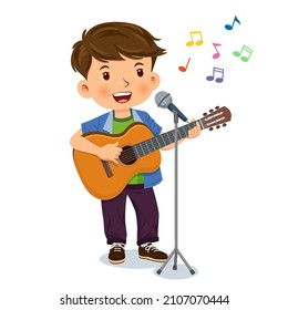 Happy cute boy is playing the guitar and singing into a microphone. Children playing music concepts. Vector illustration