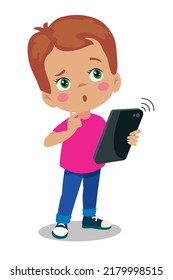 happy cute boy playing with his smart phone 