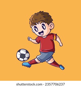 Happy cute boy with red jersey playing soccer. Boy playing soccer vector illustration. Children playing football illustration. Soccer illustration. AthleticSpirit
