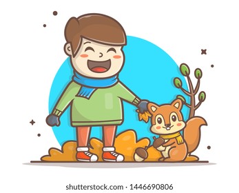 Happy Cute Boy with Cute Squirrel and Acorns Vector Illustration. Happy Autumn. Autumn Vector Illustration. Flat Cartoon Style Suitable for Web Landing Page,  Banner, Flyer, Sticker, Card, Background