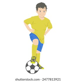 happy cute boy standing and play soccer vector illustration