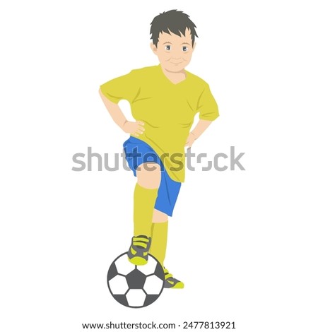 happy cute boy standing and play soccer vector illustration