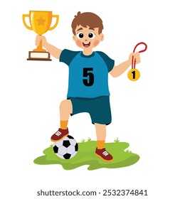 happy cute boy stands holding trophy and  gold medal for winning football games
