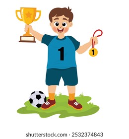 feliz menino bonito está segurando troféu e medalha de ouro para ganhar jogos de futebol