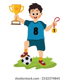 happy cute boy stands holding trophy and  gold medal for winning football games