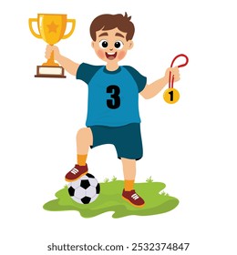 Niño lindo feliz sostiene el trofeo y la medalla de oro para ganar juegos de fútbol