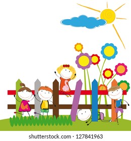 Happy and cute boys and girl in garden