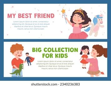 Happy cute boys and girls holding their toys. Kids play with favorite toy. Entertainment cartoon vector flyers tamplate set in blue frame on white. Fairy best friends, big kids collection