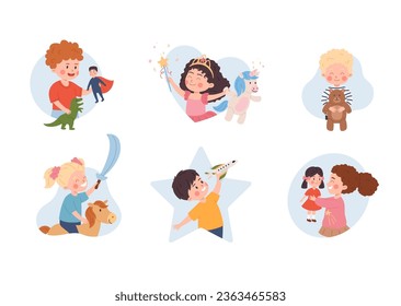 Happy cute boys and girls holding their toys. Kids play with favorite toy. Best friends together. Childhood entertainment cartoon vectorcollection illustrations set isolated on white background