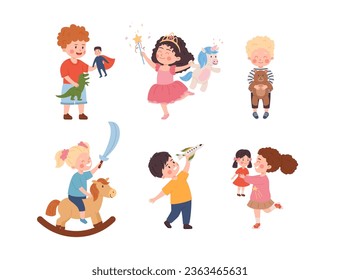 Happy cute boys and girls holding their toys. Kids play with favorite toy. Childhood entertainment and affection. Cartoon vector isolated illustrations set on white background. Fairy friends