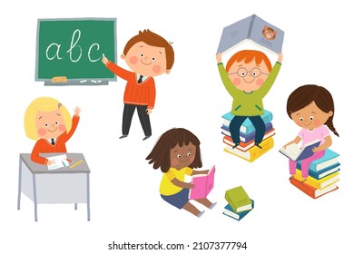 Happy cute boys and girls sitting on pile stack of books or on floor and reading. Pupil raising hand. Student at at the blackboard. Cartoon vector hand drawn flat illustration isolated on white