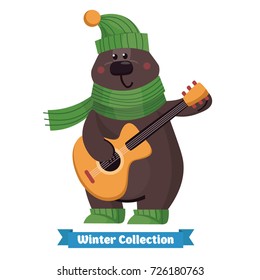 Happy cute brown bear playing guitar in flat vector style. Christmas and New Year card