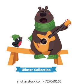 Happy cute brown bear playing guitar in flat vector style. Christmas and New Year card