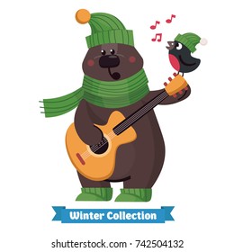 Happy cute brown bear playing guitar with small bird in flat vector style. Christmas and New Year card