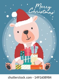 happy cute brown bear wear Santa Claus outfit holding present gift boxes with snow falling in background, idea for card, banner, wallpaper or printable stuff