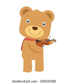 happy cute brown teddy bear playing violin in flat vector style