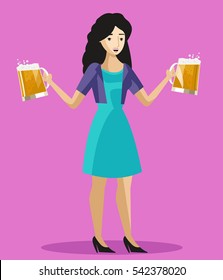 happy cute brunette girl with two mugs full of beer 