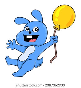 happy cute bunny carrying yellow birthday balloons, vector illustration art. doodle icon image kawaii.
