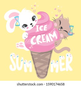 Happy cute bunny and cat with pink ice cream in a waffle cone isolated on yellow background illustration vector.