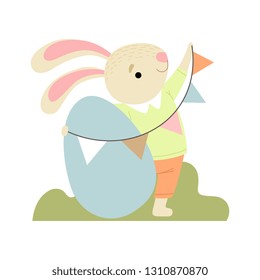 Happy Cute Bunny with Egg and Party Flags, Happy Easter, Design Element for Greeting Card, Invitation, Poster, Banner Vector Illustration