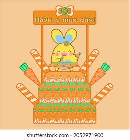 Happy cute bunny hold carrot stand on carrot cake. Decoration with Have a nice day!, sign. Kawaii rabbit. Happy Thursday!, orange color, creative dessert, sweet art food, fun greeting card concept.