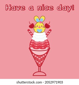 Happy cute bunny hold cherry sit on sundae ice cream, strawberry in glass. Kawaii rabbit doodle. Have a nice day! Happy Sunday!, red color, cute dessert, sweet art food, lovely greeting card concept.