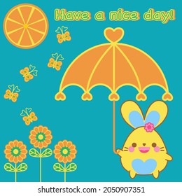 Happy cute bunny hold orange umbrella walk in orange flower garden, look at orange butterfly. Kawaii rabbit cartoon character smile doodle vector. Have a nice day! Summer fruit concept, lovely card.