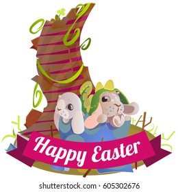 Happy and Cute bunny sitting in basket with decorated Easter Eggs on green grass, Vector illustration. Set Isolated on white background, greeting card with spring rabbit chocolate egg hunting