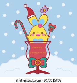 Happy cute bunny in wine glass on snow. Merry Christmas! Festival of celebration! Happy time! Snowfall on blue background.