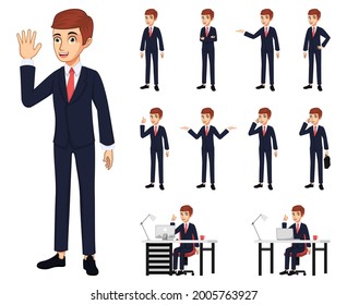 Happy cute businessman character with different pose doing different actions