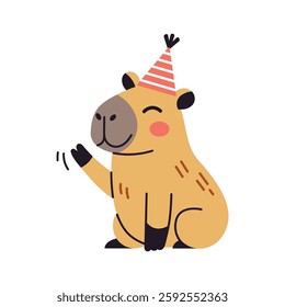 Happy cute capybara celebrating a birthday with gift. Funny cartoon vector capybara character, perfect for greeting cards and stickers.