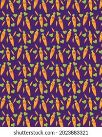 Happy Cute Carrot pattern characters with green hearts on purple background Vector illustration.
Colorful cartoon carrot with smile and eyes. Vegan food pattern, vegetables, healthy lifestyle concept.