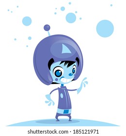 Happy cute cartoon alien spaceman in galaxy wearing spacesuit and helmet with antenna