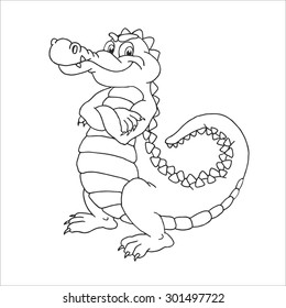 Happy Cute Cartoon Alligator. Crocodile Vector Outline Isolated On White Background.