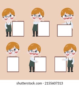 Happy cute cartoon barista presenting whiteboard gesture pose character set.
