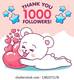 Happy cute cartoon bear with heart cushion, thank you 1000 followers